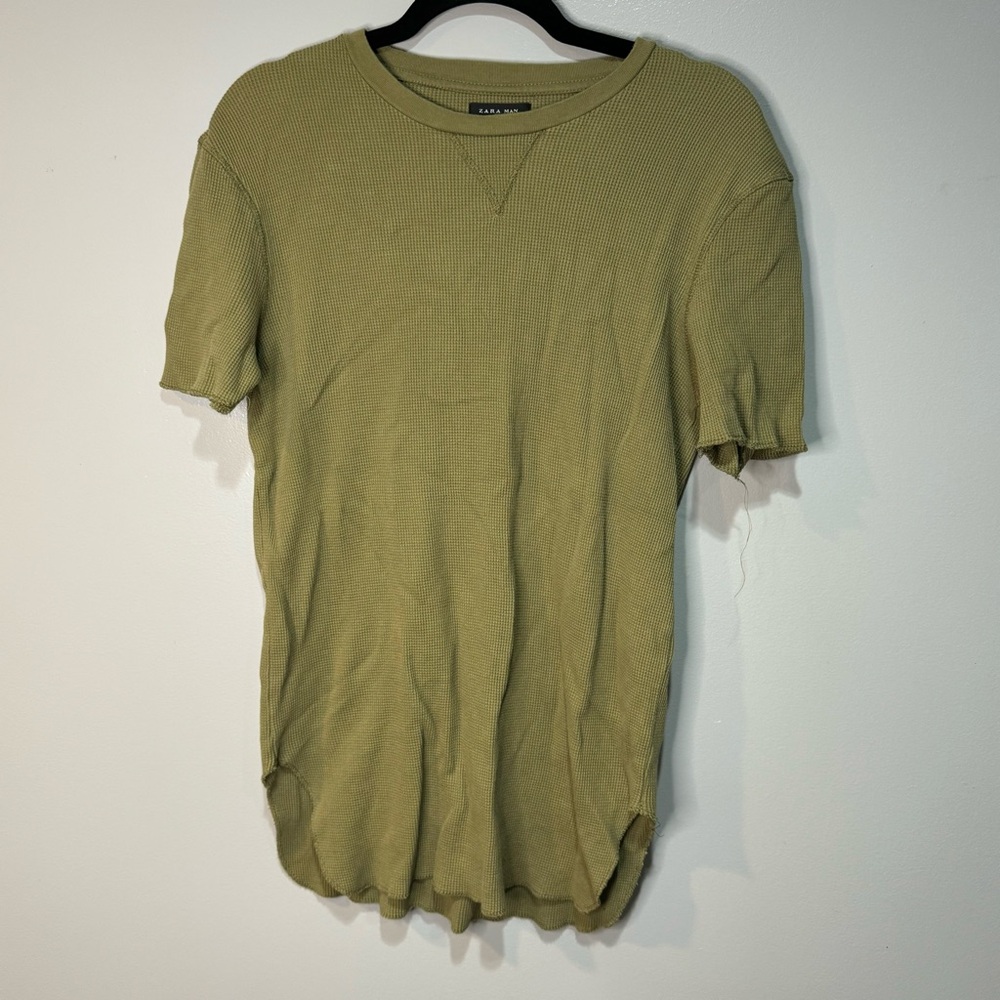 Zara Man Olive Green Waffle Long Tee Casual T-shirt